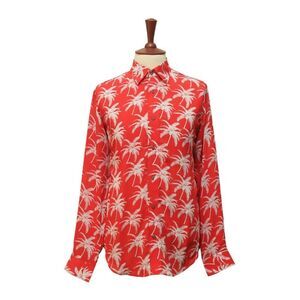 Mens Silky Shirt Button Up Red White Palm Trees Tropical Hawaiian Beach Medium